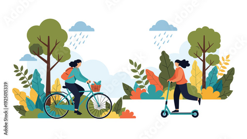 Two women enjoy eco-friendly transportation in a lush green park, one riding a bicycle and the other a scooter.