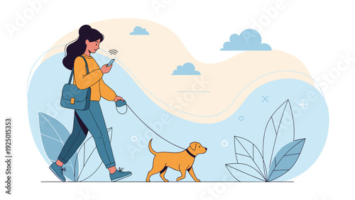 A young woman casually walks her dog on a leash through a park while looking at her smartphone on a beautiful day.