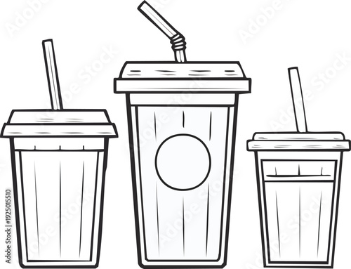 Develop a simple monochrome outline pack of soda, juice, and smoothie cups