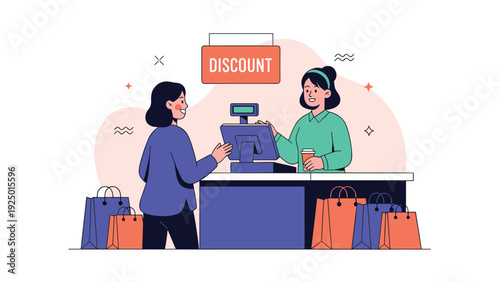 A female customer at a checkout counter with shopping bags receives service from a friendly cashier under a discount sign.