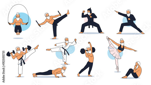 An energetic and versatile senior man with a long white beard stays active with diverse fitness activities like martial arts.