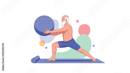 An active senior man with a long white beard practices a yoga warrior pose while holding a fitness ball on a yoga mat.