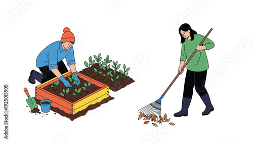 Two women engaged in seasonal gardening activities, one planting seedlings in spring and the other raking leaves in fall.