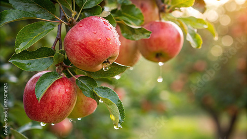Bild auf Leinwand Closeup of ripe apples on a tree branch with water droplets glistening