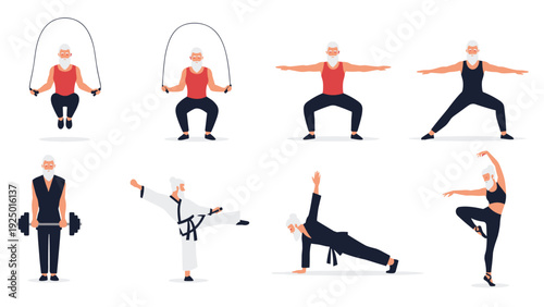 A set of illustrations showing a versatile and active senior man with a beard engaged in a variety of fitness exercises.