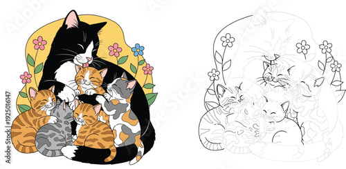 Cute Mother Cat and Five Kittens Coloring Page Illustration Set, Heartwarming Tuxedo Cat with Orange, Grey and Calico Baby Cats and Flowers Vector Art for Kids Activity and Creative Projects