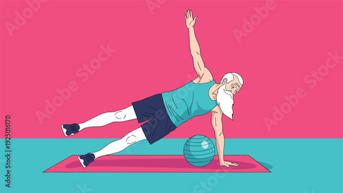 A fit senior man with a white beard demonstrates core strength by holding a side plank exercise pose on a yoga mat.