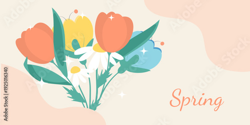 Vector spring illustration with flowers for web design. Vector.