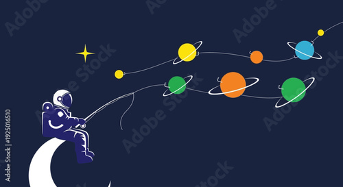 Whimsical astronaut illustration fishing for colorful planets and stars in the vast, dreamy cosmic expanse, a metaphor for exploration and the wonders of the universe