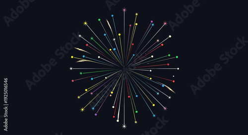 Abstract digital burst of energy with colorful radiating lines, symbolizing dynamic network connections and data visualization in a modern style