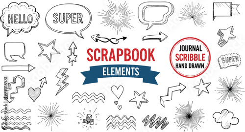 Hand drawn scrapbook elements set, journal scribble sketches with arrows hearts stars and speech bubbles, creative decorative doodle vector illustration, isolated.