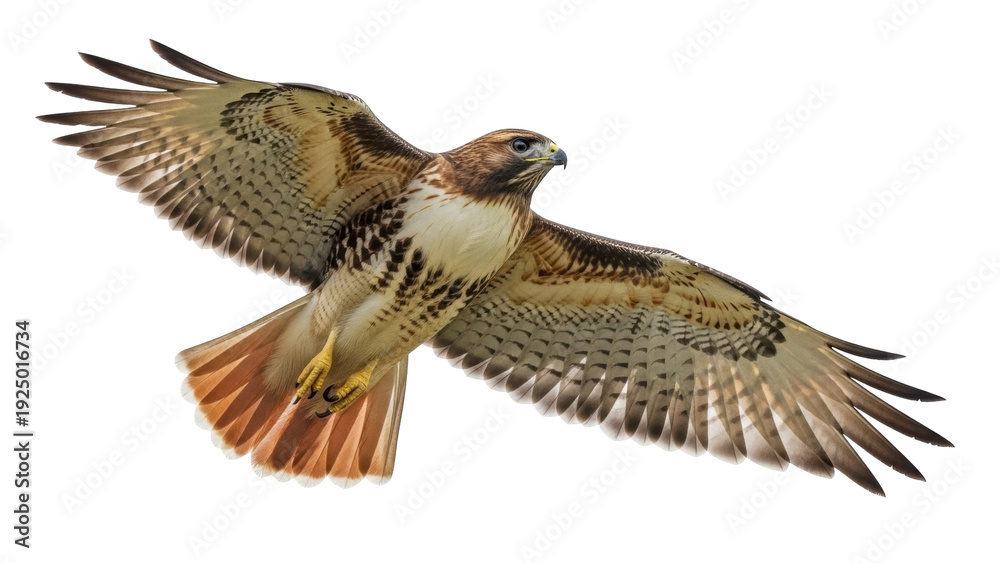 Fototapeta premium Isolated Red-tailed Hawk soars with wings spread, a majestic bird of prey in flight against sky