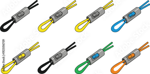 Colorful cord lock drawstring stopper set isolated, plastic toggle fastener accessories for apparel and bags, product template, cad drawing flat vector illustration