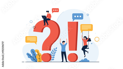 Small characters interacting with large question and exclamation marks, representing concepts of Q and A, support, and solutions.
