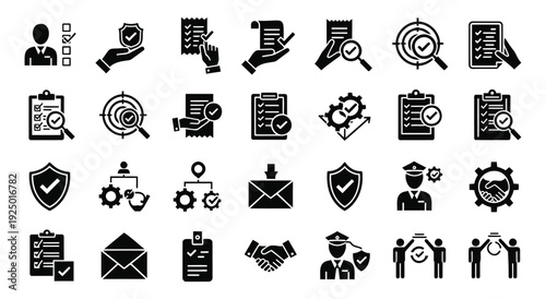 Black and white icon set for quality control and security