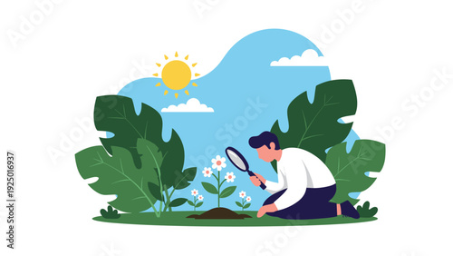 A curious man kneels in a sunny garden, carefully examining a small flower with a magnifying glass for detailed study.