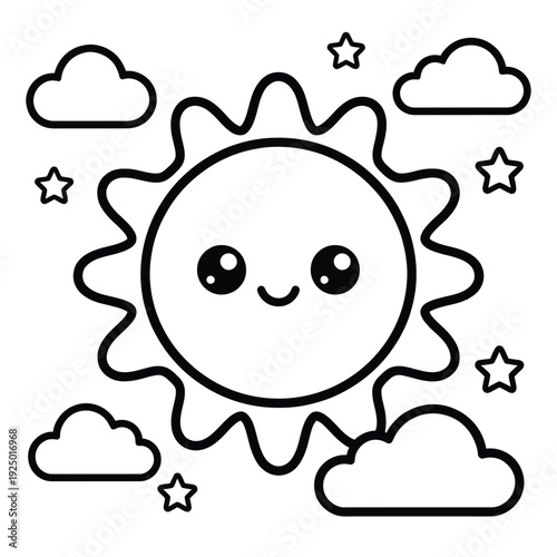 A cheerful cartoon sun with a face surrounded by stars and fluffy clouds in a black and white design isolated on white background, Vector, illustration