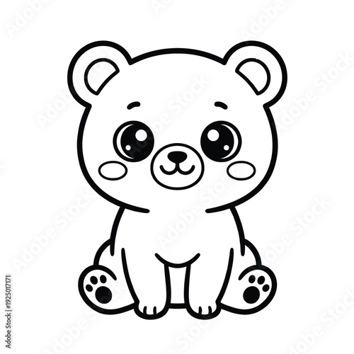 A charming and simple cartoon illustration of a cute sitting polar bear cub isolated on white background, Vector, illustration