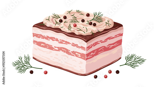 Thick slice of cured pork belly or fatback topped with a creamy spread, fresh dill sprigs, and scattered black peppercorns.