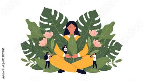 A serene woman meditates in a lotus position surrounded by large leaves, with small figures representing her inner world.