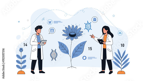 Two scientists in lab coats conduct research on a plant, using tablets and analyzing data for biotechnology development.