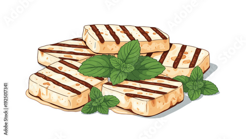 Stack of grilled halloumi cheese slices with dark charred marks garnished with fresh green mint leaves on a white background.