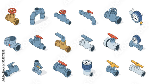 Large collection of isometric plumbing icons including various pipes, valves, taps, and water meters in blue and gold colors.