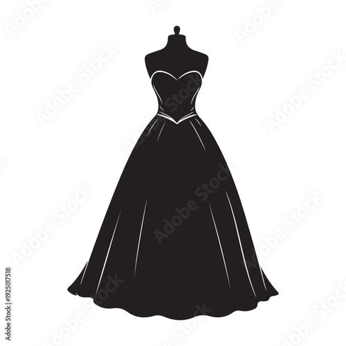 Black silhouette of a female mannequin wearing a strapless full skirt evening gown with sweetheart neckline and defined waist  isolated on white background