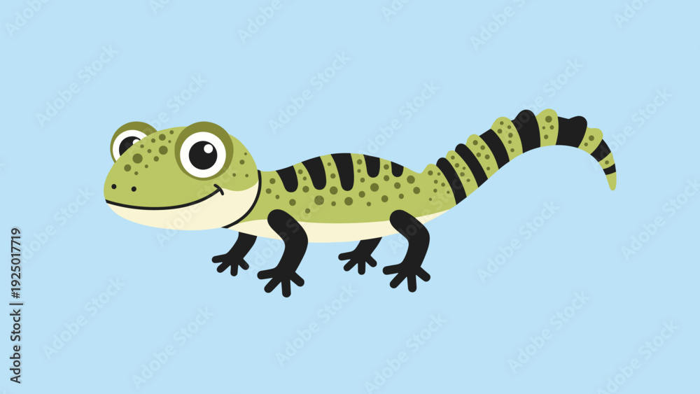 Fototapeta premium Cute cartoon illustration of a green and black striped gecko lizard smiling happily on a solid light blue background.