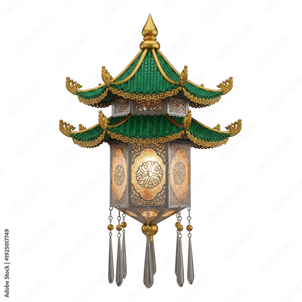 Fototapeta premium Ornate traditional chinese lantern with green tiled roof and intricate metalwork isolated on transparent background