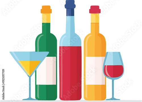  Generate a drinkware icon bundle with wine bottle, glass, and cocktail visuals. 