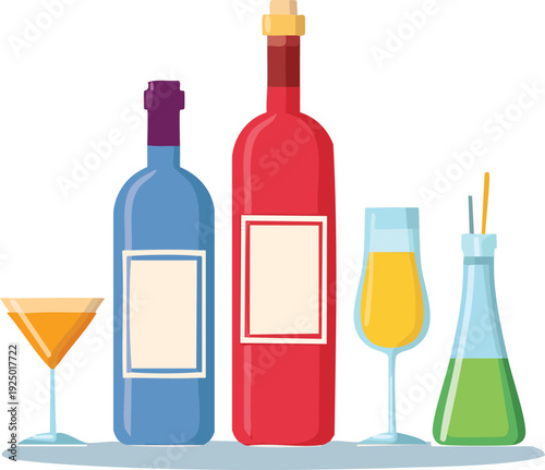 Generate a drinkware icon bundle with wine bottle, glass, and cocktail visuals. 