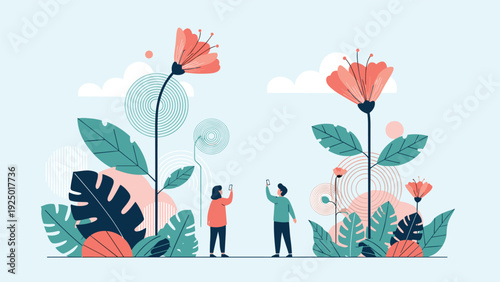 A man and a woman in a surreal landscape of giant flowers use their smartphones to capture the beauty of nature.