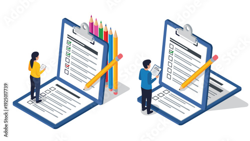 Isometric illustration of tiny people standing on large clipboards with checklists, surrounded by giant colored pencils.