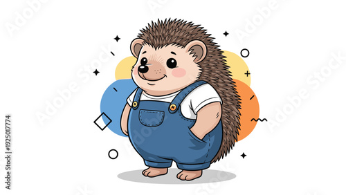Adorable cartoon hedgehog wearing blue denim overalls and a white t-shirt, standing happily in a playful setting.