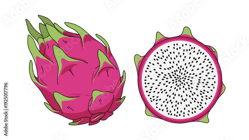 Bright pink dragon fruit, also known as pitaya, shown whole and sliced in half to reveal white flesh with black seeds.