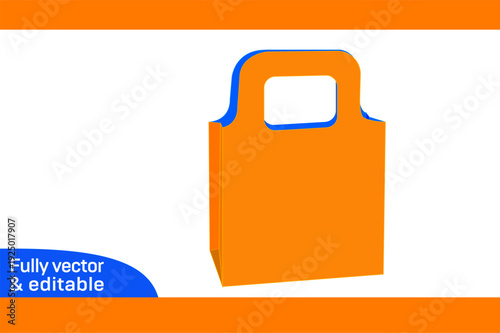 Paper shopping bag with handle, carry paper gift bag dieline template and 3D box_3D box