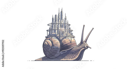 Whimsical illustration of a giant snail carrying an elaborate, futuristic city on its spiraling shell, symbolizing slow but persistent progress and unique architectural concepts