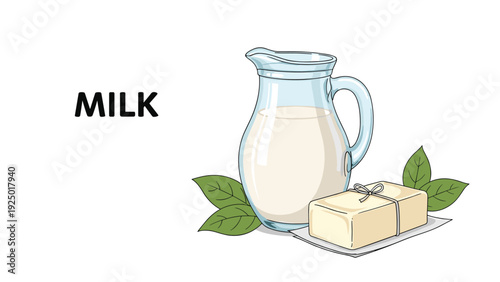 Glass pitcher filled with fresh white milk next to a block of butter with green leaves on a clean white background.