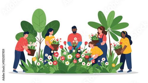 A diverse group of community volunteers work together happily, planting colorful flowers in a beautiful public garden.