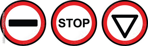 Set of Three Red Circular Road Traffic Stop Warning Signs