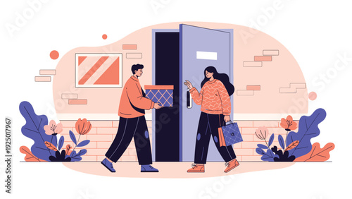 A courier delivers a package to a woman at her front door, providing convenient and friendly home delivery service.