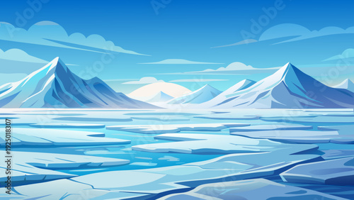 A wide frozen ice plain with smooth natural icy ground subtle surface texture distant ice hills and clear sky create open peaceful space clean minimal vector illustration flat design