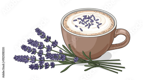 Warm cup of coffee or latte topped with creamy white foam and scattered dried lavender flowers for a relaxing drink.
