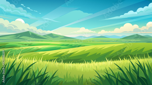 A open prairie covered in soft green grass stretching to the horizon gentle rolling ground creates peaceful natural depth clean minimal vector illustration flat design uncluttered composition