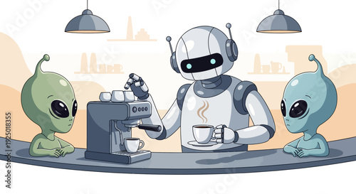 Friendly robot barista serves coffee to aliens at a cafe, illustrating a futuristic and welcoming encounter between artificial intelligence and extraterrestrial life