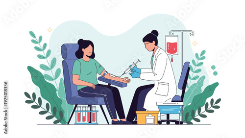 A female doctor or nurse is drawing blood from a patient's arm for a medical test in a clinic environment with plants.