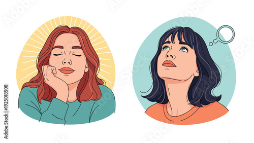 Two portraits of young women in contemplation, one with eyes closed peacefully and the other looking up in thought.