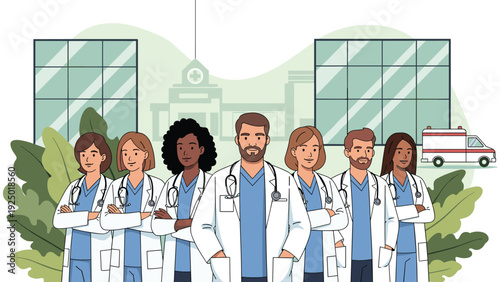 A diverse team of confident doctors and medical professionals stands together outside a modern hospital building.