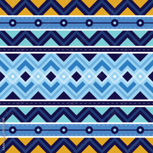 Vibrant geometric seamless pattern with blue and gold ethnic motifs. Ideal for apparel, headscarves, gift wraps, packaging, notebook covers, and modern wallpaper designs.